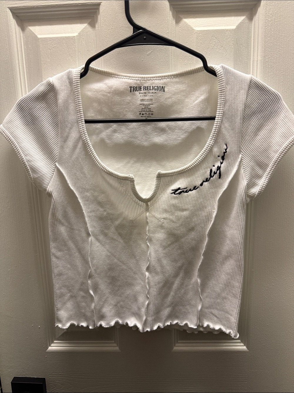 True Religion White Ribbed Scoop Notch Short Sleeve Top with Script